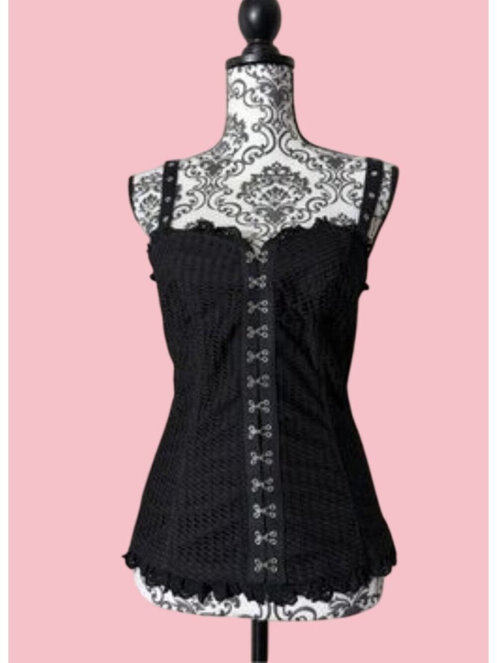 Y2K VTG Royal Bones Tripp Corset Lace Fishnet Black Top - XL Emo Gothic Rave 90s